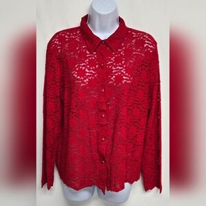 Sag Harbor M Fire Engine Red Sheer Floral Lace Long Sleeve Button Down Top